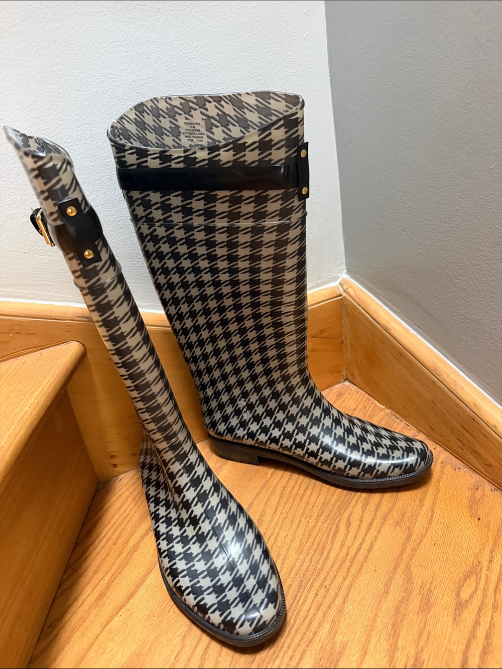 Lauren Rossalyn Black & Light Grey Houndstooth Rain Boots Buckle Accent Sz 10B